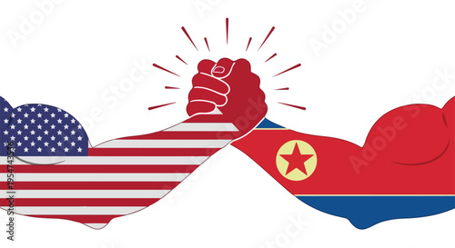 Illustration of a clenched fist emerging from the North Korean flag, punching through the American flag in a symbolic gesture of conflict or tension between the two nations.