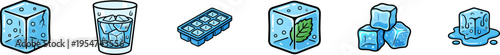 Vector icon set of ice cubes, ice trays, and refreshing cold drinks.