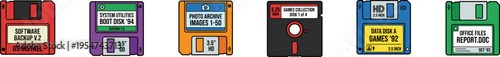 Collection of retro floppy disk vector icons in various colors.
