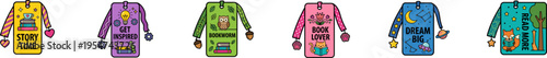 Colorful vector bookmark set with bookish themes and characters.