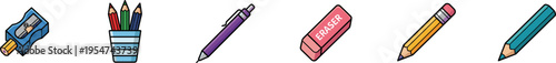 Vector icon set of school stationery and office supplies.