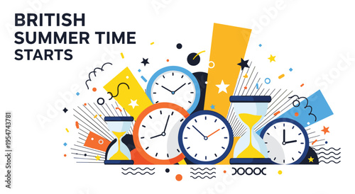 British summer time starts vector illustration with clocks and hour glasses