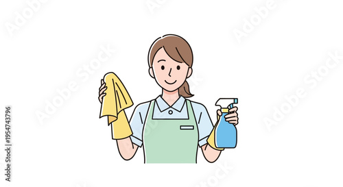 Woman holding cleaning supplies smiling.