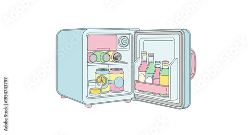 Open small refrigerator with food inside.
