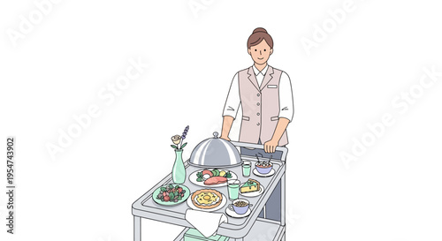 Chef standing behind food table display.