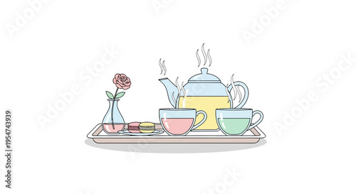 Tea cups and teapot on tray.