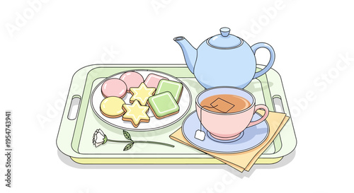 Colorful sweet pastries and tea set.
