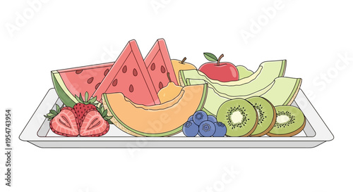 Colorful fruit assortment on plate.