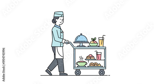 Woman pushing food cart with dishes.