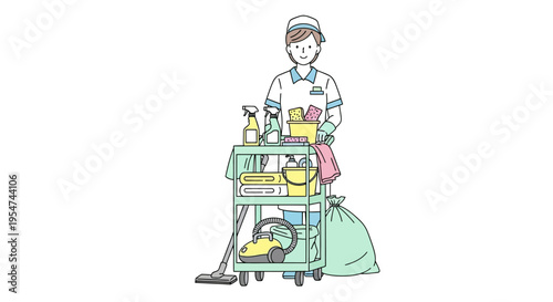 Janitor with cleaning cart supplies.