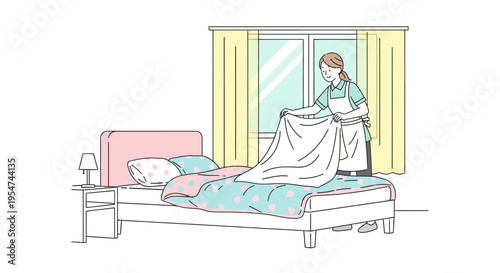 Woman putting on bed sheet.