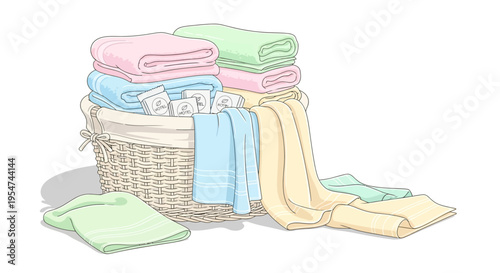 Colorful towels in a wicker basket.