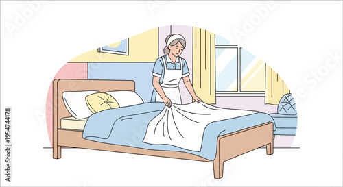 Woman making a bed with sheets.