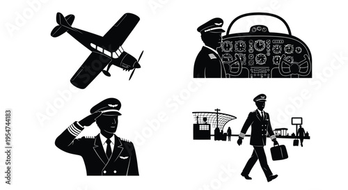 Black and white vector illustrations of pilots and airplanes in various scenes and actions always