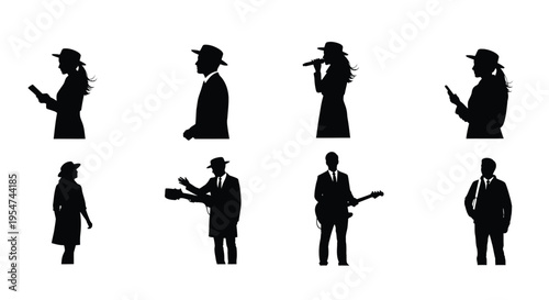 Silhouette vector illustration of people in various business and music settings with hats