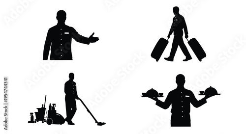 Silhouette vector graphic illustration of hotel staff in various actions and tasks performance