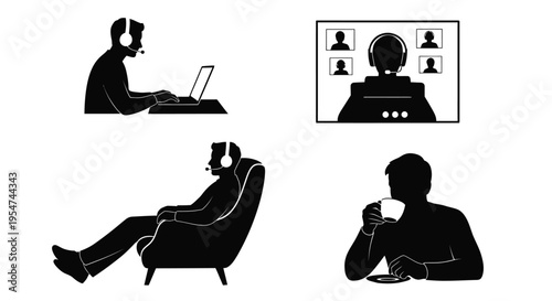 Vector graphic illustration of people working remotely with headsets and computers in various settings