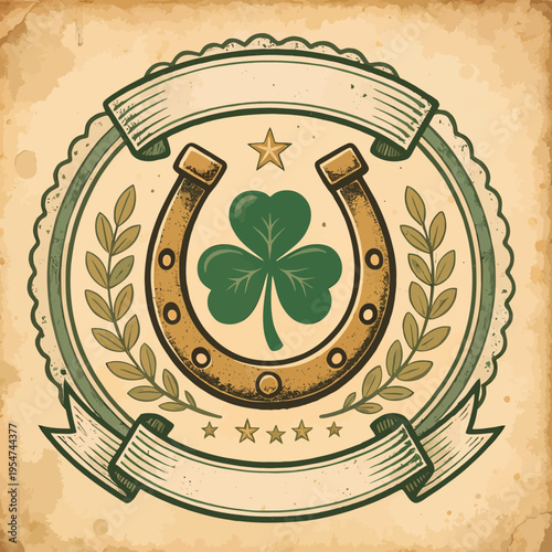 Canvastavla Vintage St Patricks Day Emblem with Horseshoe and Shamrock.