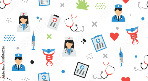 Medical professional seamless pattern with doctors nurses and health tools