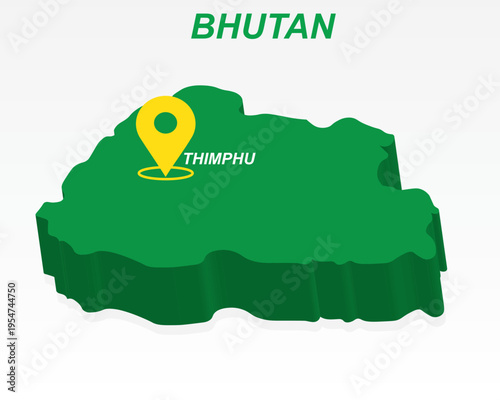 Bhutan Map Vector, Thimphu Capital City Marker on Green 3D Country Shape, Bhutan Infographic Design, Editable Destination Pointer Bhutan Geography