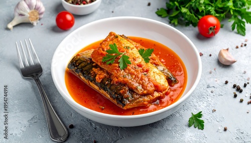 Close-up of baked fish fillets in a vibrant tomato sauce, garnished with fresh parsley, served in a white bowl