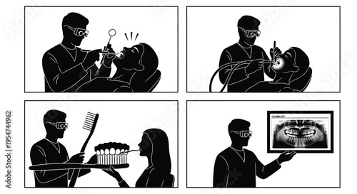 Dentist examining patients and explaining dental care with graphic illustrations