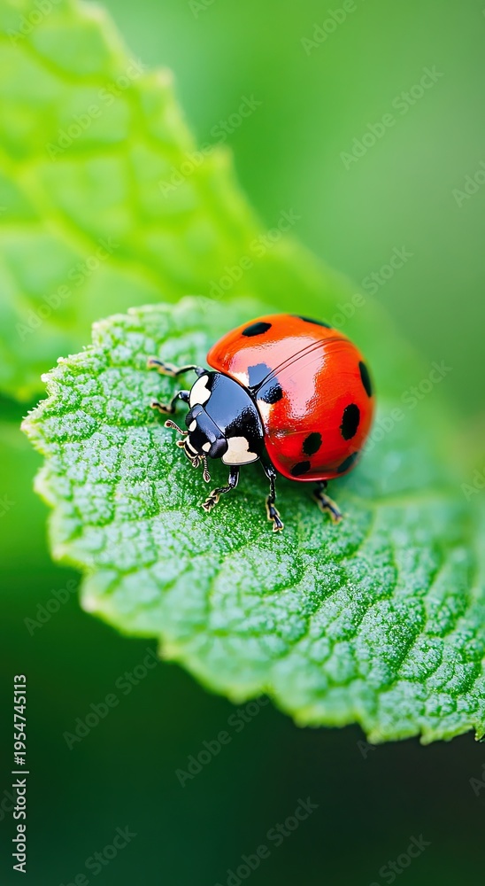 Fototapeta premium Ladybug on a green leaf. Macro photo.