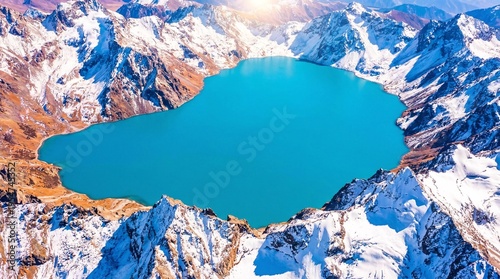 Aerial view of turquoise alpine lake surrounded by snow-capped mountains in summer