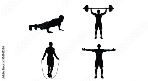 Silhouette illustration of four people performing various exercises with weights and ropes