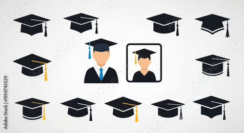 Graduation Cap and Student Icon Set: Vector Mortarboard Symbols for University Achievement, Academic Success, and Education Ceremony Design