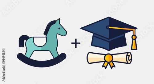 Educational Growth Concept Illustration with Rocking Horse, Graduation Mortarboard, and Diploma Symbolizing Early Childhood to Academic Success