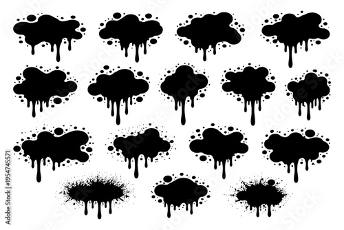Set of dripping and splatter inkblot shapes on white background.