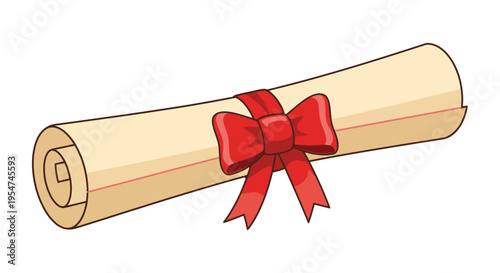 Diploma Scroll with Red Ribbon Bow - Cartoon Graduation Certificate Illustration on White Background