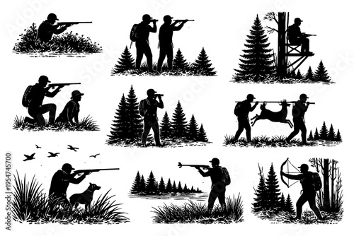 Silhouette illustrations of hunters with guns and bows in nature scenes.