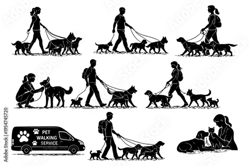 Silhouettes of people walking dogs and cats with pet walking service van.