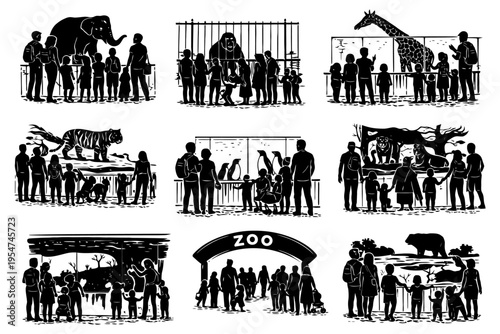 Family visit to zoo with various animals and exhibits silhouettes.