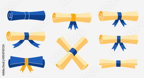 Graduation Diploma Scroll Icon Set with Blue and Yellow Ribbons, Vector Illustrations for Academic Success and Completion