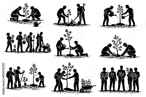 Silhouettes of people engaged in tree planting and gardening activities.