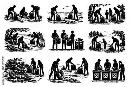 Diverse group cleaning beach removing trash and debris in black and white illustrations.