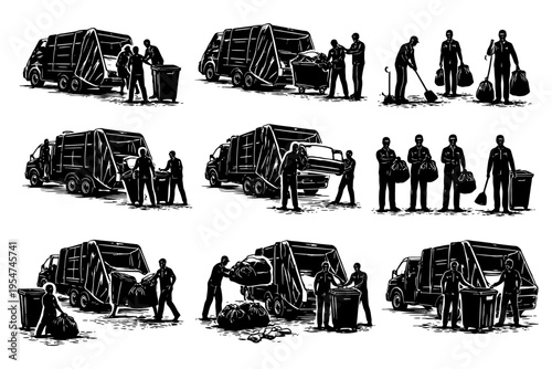 Silhouettes of sanitation workers collecting garbage with trucks.