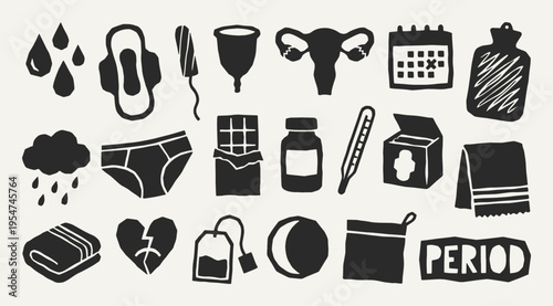Menstruation feminine hygiene silhouette collection. Black icons set - pad, tampon, cup uterus, calendar, towel, chocolate, tea bag, moon, cloud. Vector linocut style minimalist design elements.