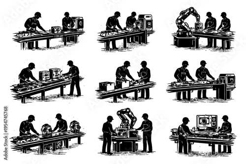 Workers and robots collaborating in manufacturing line.