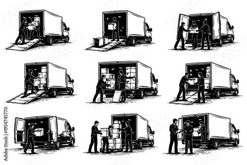 Delivery workers loading and unloading packages from trucks.