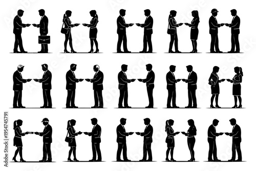 Silhouettes of diverse professionals engaged in handshakes and conversations.