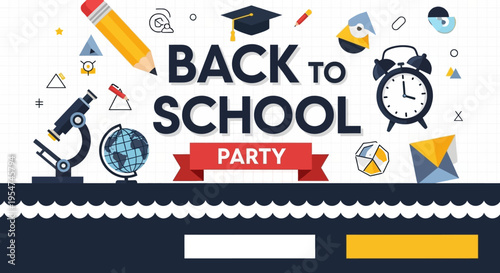 Back to School Party Banner Design with Educational Icons and Supplies Flat Vector Illustration