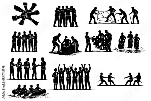 Diverse teamwork silhouettes engaged in various cooperative activities.