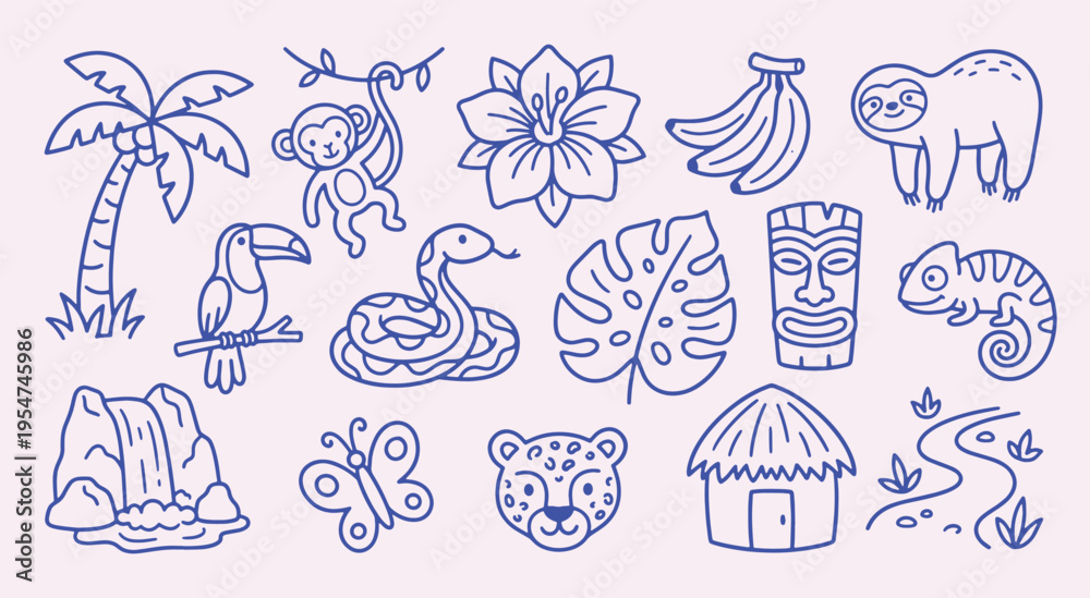 Naklejka premium Tropical jungle doodle collection with clean outline style. Palm, monkey, toucan, snake, waterfall, hut. Exotic rainforest elements for travel design, kids coloring and nature branding.