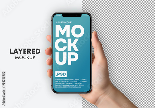 Woman hand holding mobile phone on isolated background