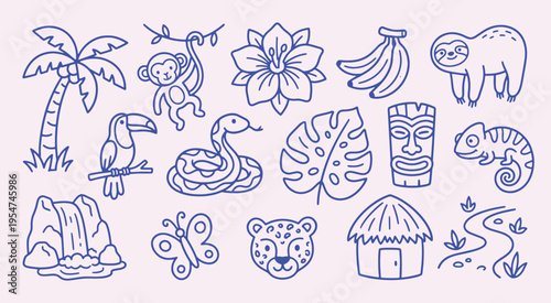 Tropical jungle doodle collection with clean outline style. Palm, monkey, toucan, snake, waterfall, hut. Exotic rainforest elements for travel design, kids coloring and nature branding.