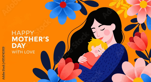 Happy Mother's Day Greeting Card Illustration featuring a Loving Mother Hugging her Child, surrounded by Vibrant Colorful Flowers on a Warm Orange Background